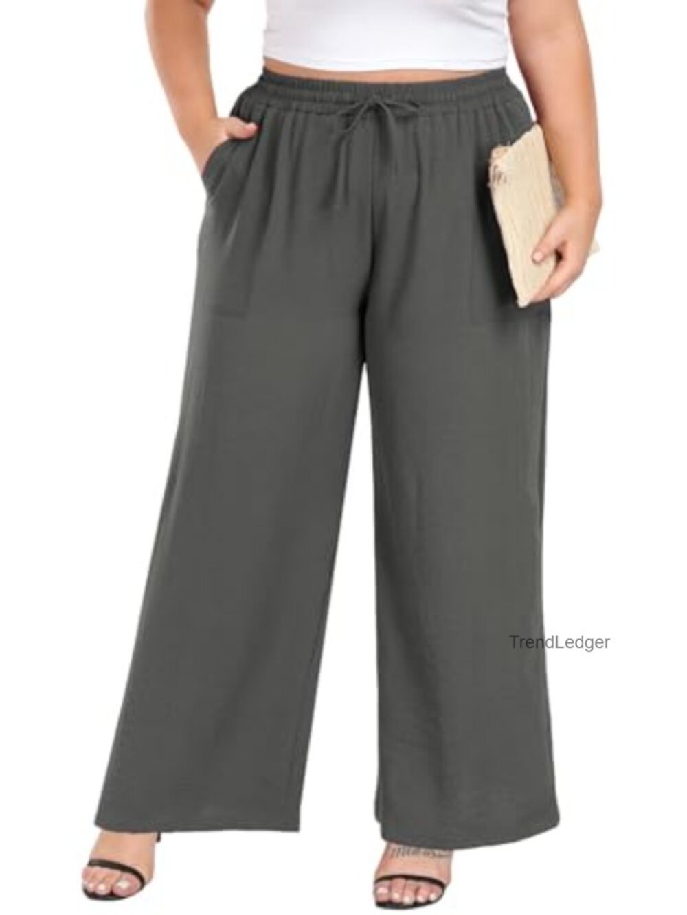 Plus Size Wide Leg Palazzo Pants High Waist Drawstring Trousers with Pockets